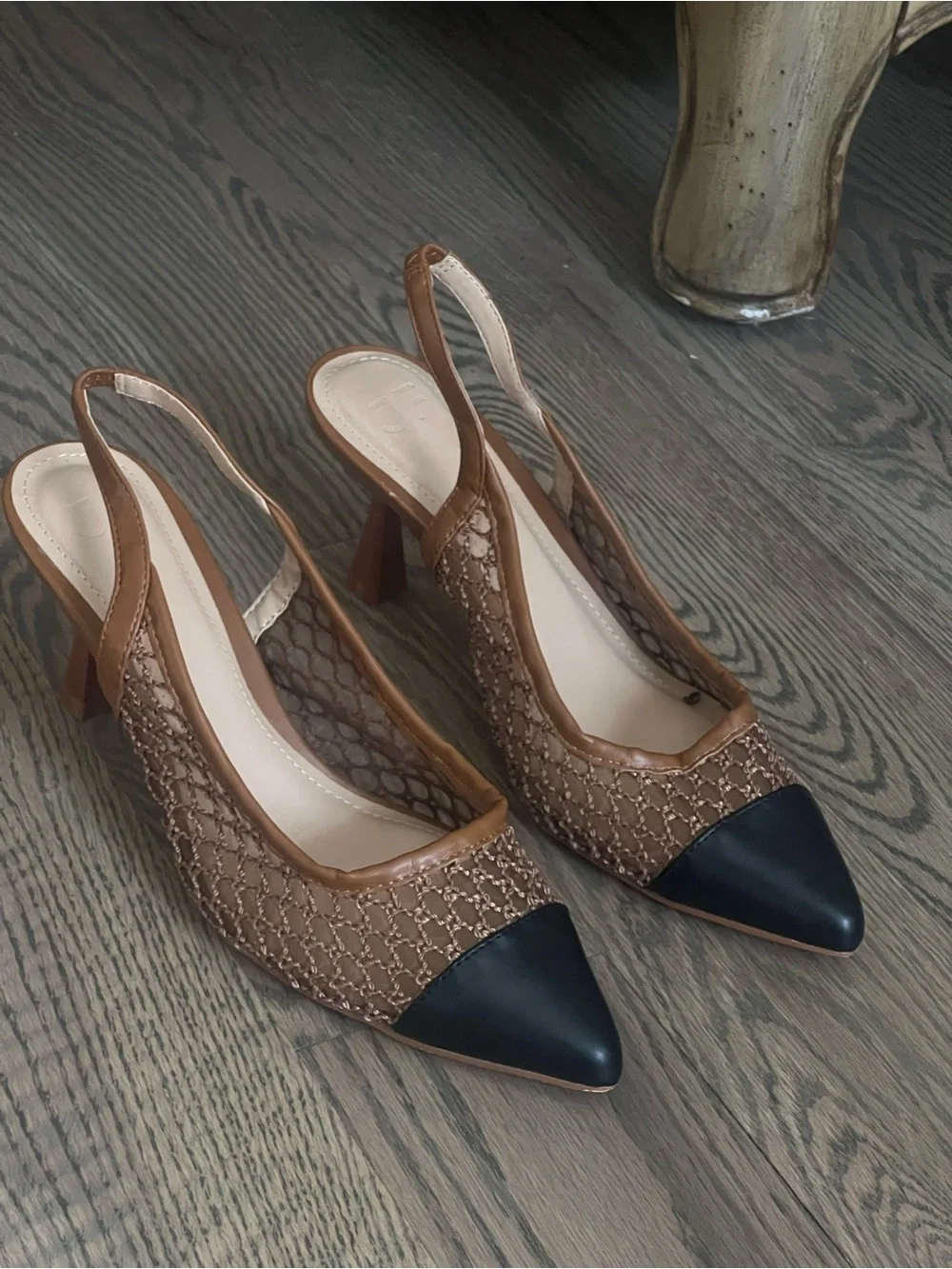 Shoe Dazzle Brown Mesh Slingback Heels with Black Pointed Toe Cap